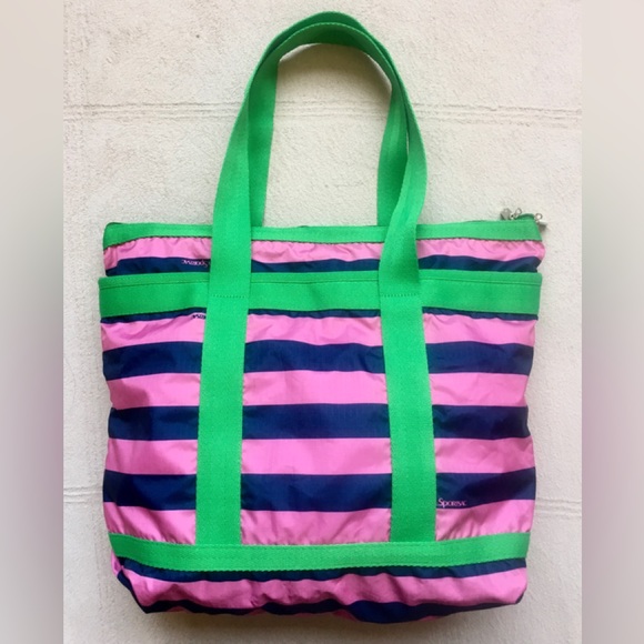 LE SPORT SAC, Green & Pink Horizontal Stripes, Attached Small Make-Up Bag, NEW - Picture 5 of 11